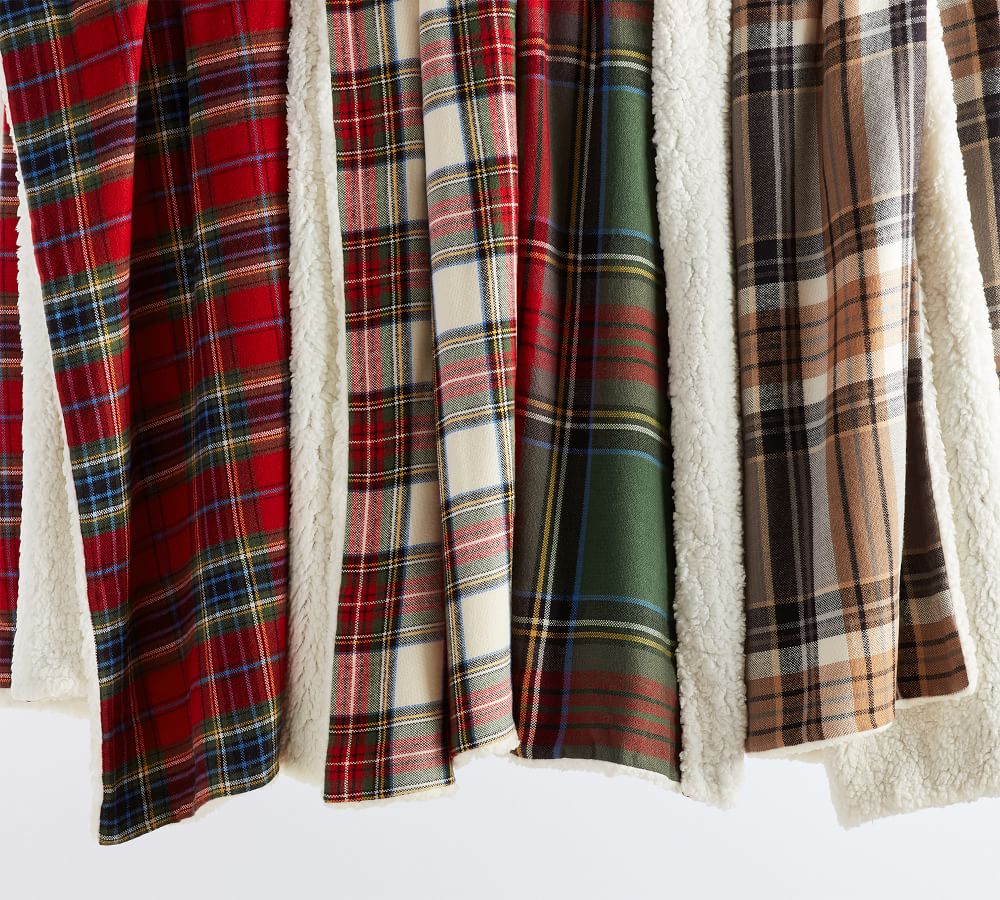 sherpa plaid throws, cozy holiday home, 
